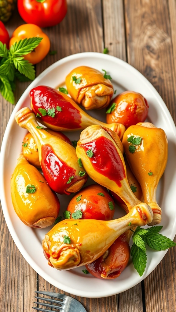 Colorful painted chicken drumsticks in red, yellow, and green, garnished with herbs on a rustic table.